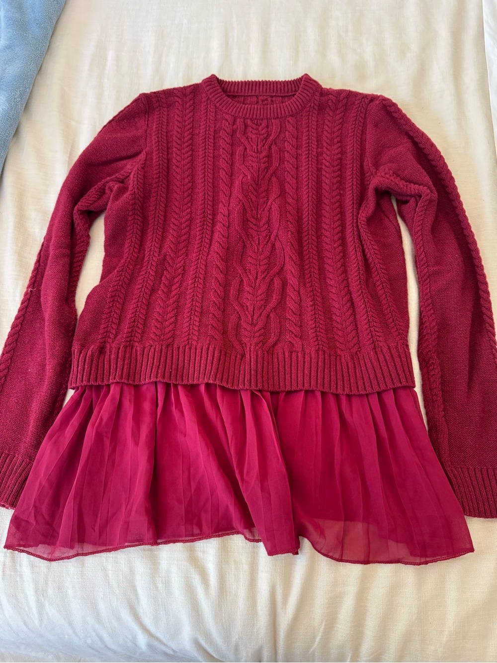 Women’s Cable Knit Sweater with Chiffon Hem - Deep Berry